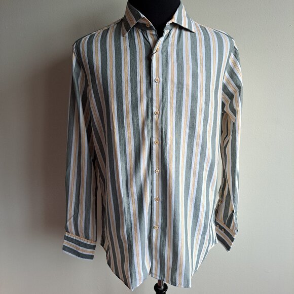 NEW Stenstroms Striped Green Orange Button Down Linen Cotton Dress Shirt Size L - Picture 3 of 16